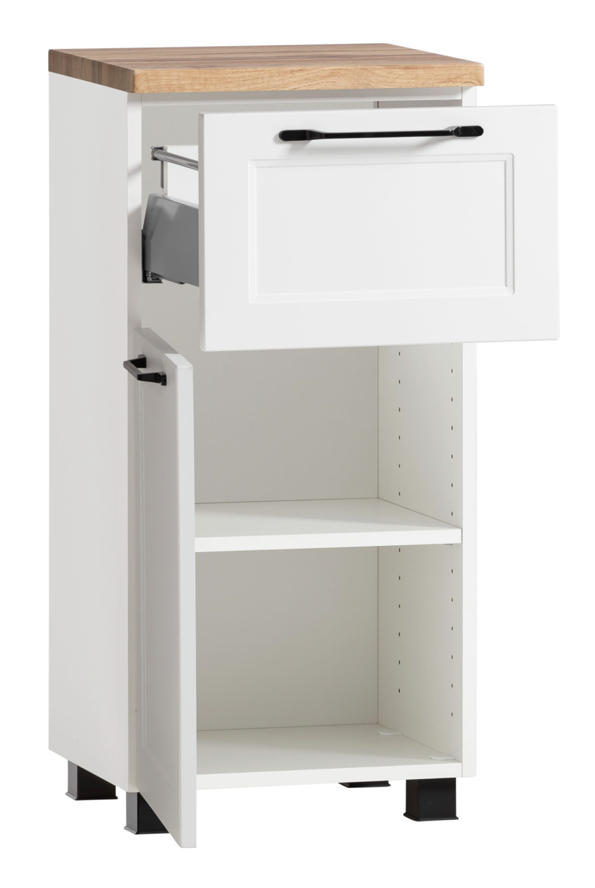 Weißer Unterschrank mit Holzplatte, einer offenen Schublade und einer geöffneten Tür, seitliche Perspektive