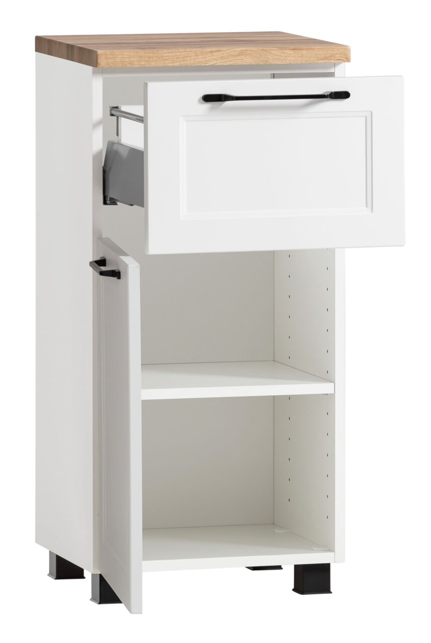 Witte onderkast met houten blad, een open lade en een open deur, zijaanzicht