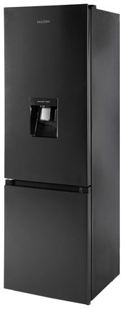 Schwarzer Kühl-Gefrierkombination-Kühlschrank mit integriertem Wasser-/Eiswürfelspender in der Tür, freigestellt, aus leicht seitlicher Frontansicht (3/4-Perspektive)
