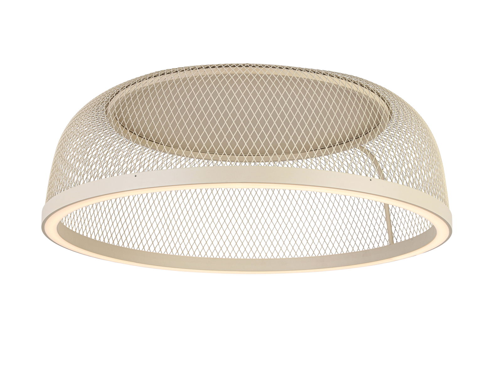 Moderne LED-Deckenleuchte mit einem eleganten, runden Metallgitterdesign, seitliche Perspektive
