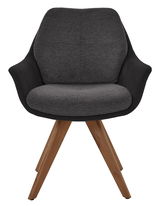 Moderner Armlehnstuhl mit grauem Stoffbezug und Holzbeinen, Frontalansicht