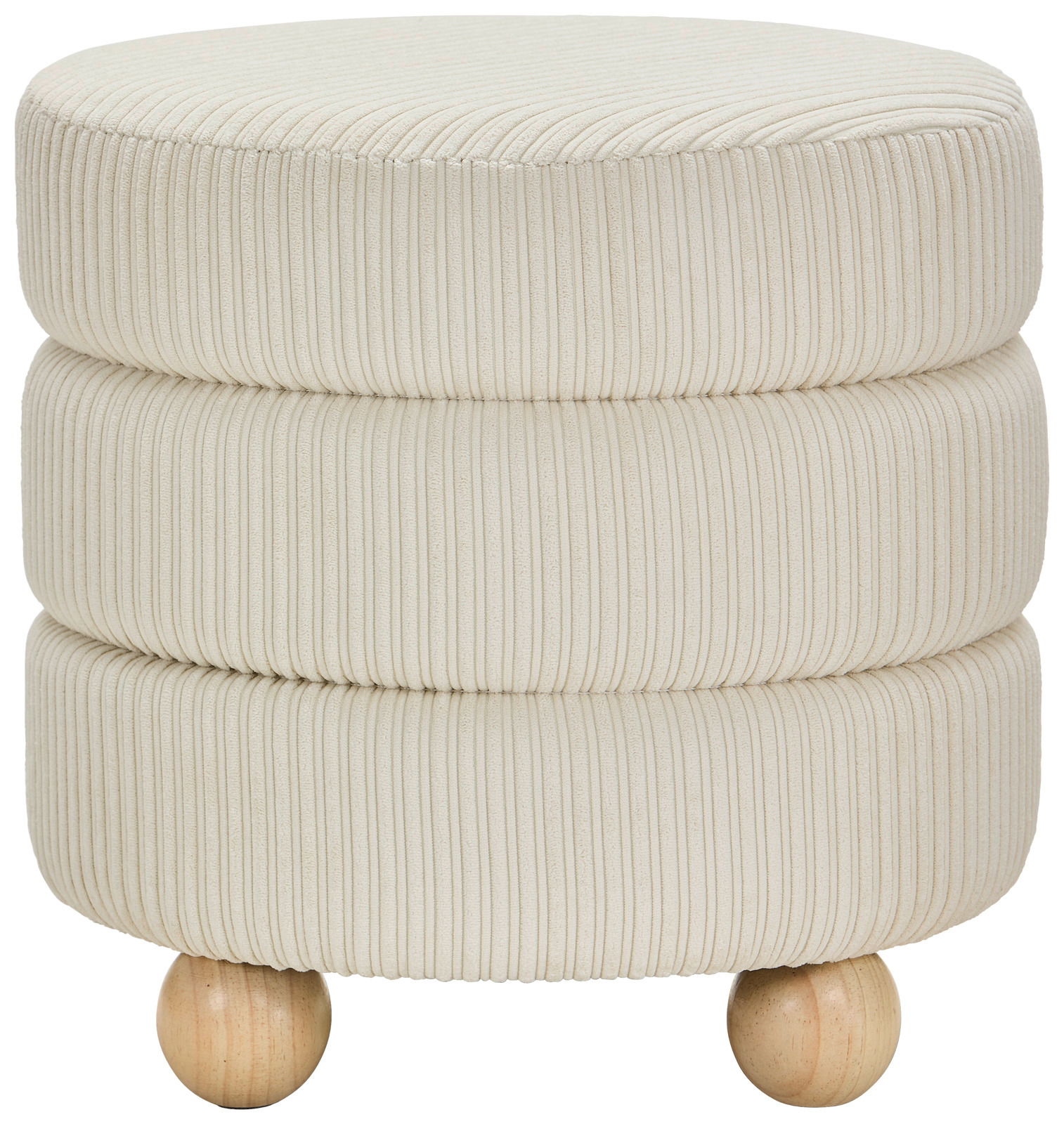 Runder, cremefarbener Hocker mit geripptem Stoffbezug und kugelförmigen Holzfüßen, seitliche Perspektive