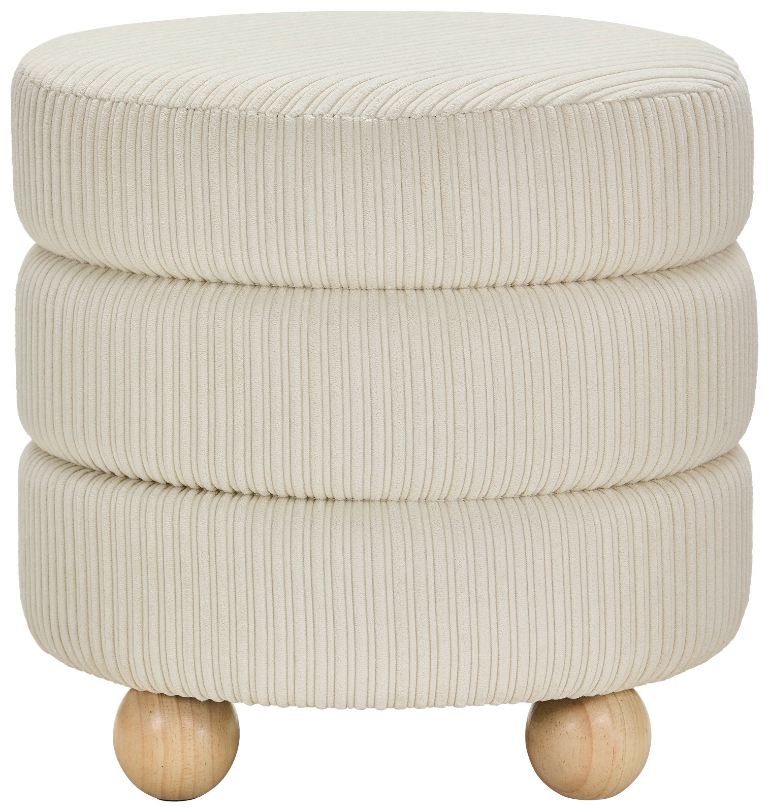 Runder, cremefarbener Hocker mit geripptem Stoffbezug und kugelförmigen Holzfüßen, seitliche Perspektive