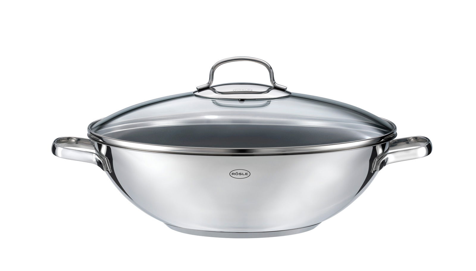 Eleganter Wok mit Glasdeckel, Edelstahl, seitliche Griffe, Frontalansicht