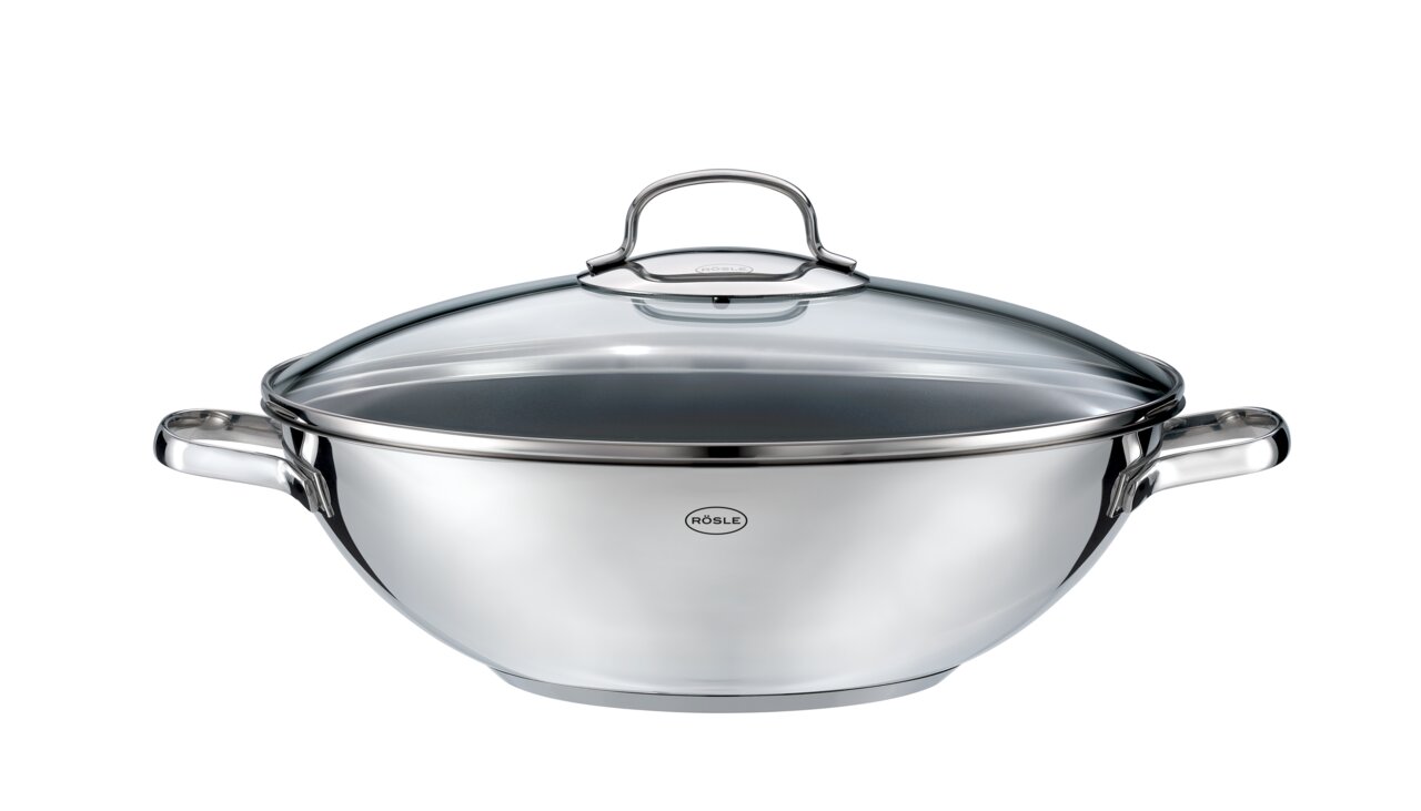 Eleganter Wok mit Glasdeckel, Edelstahl, seitliche Griffe, Frontalansicht