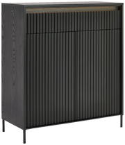 Moderner schwarzer Schuhschrank mit vertikalen Lamellen, seitliche Perspektive