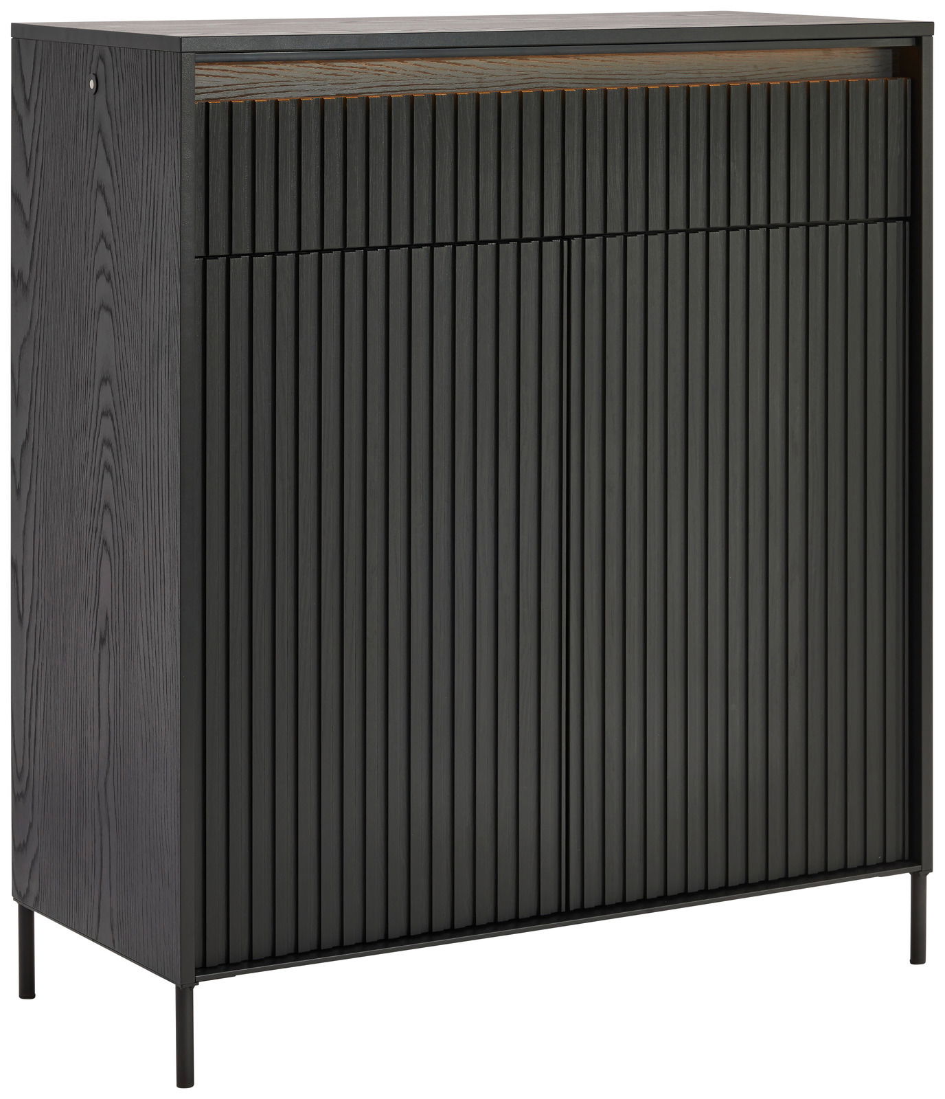 Moderner schwarzer Schuhschrank mit vertikalen Lamellen, seitliche Perspektive
