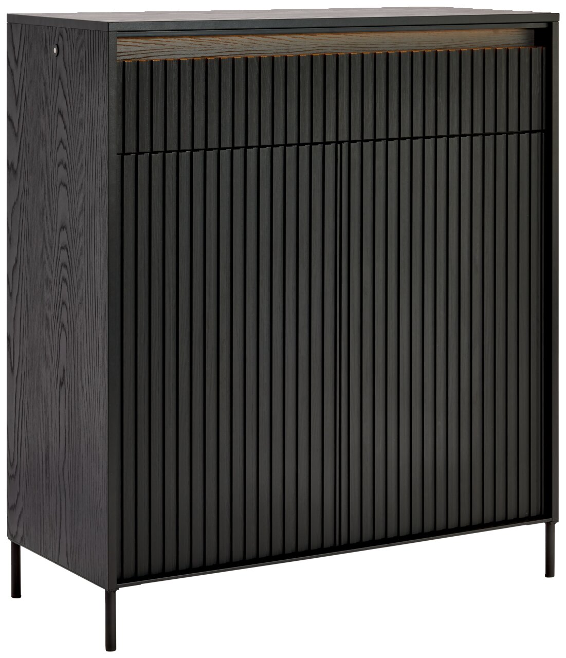 Moderner schwarzer Schuhschrank mit vertikalen Lamellen, seitliche Perspektive