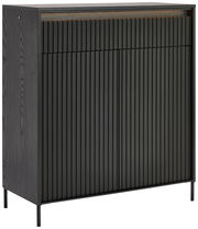 Moderner schwarzer Schuhschrank mit vertikalen Lamellen, seitliche Perspektive