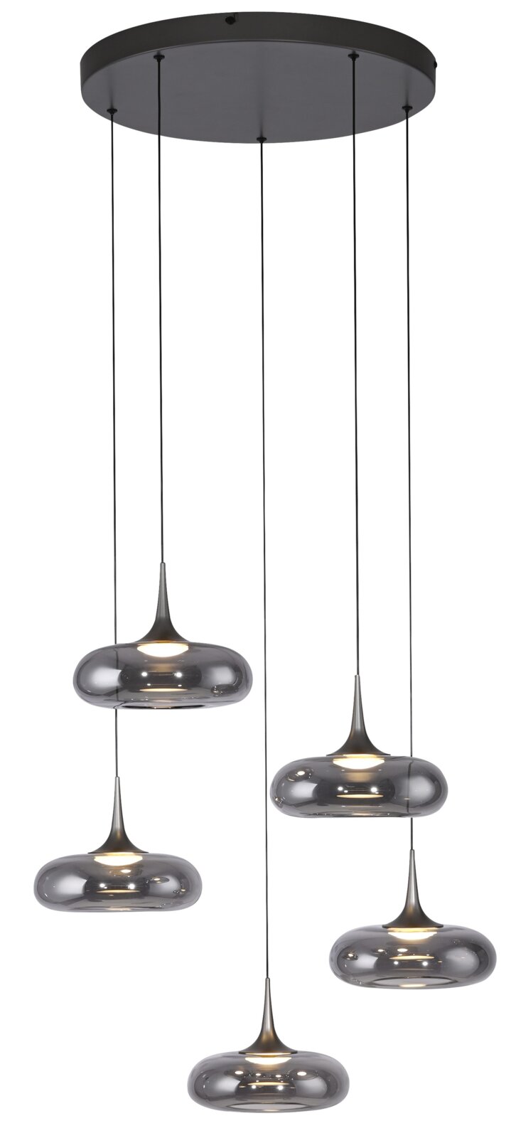 Schöner Wohnen LED-Hängleuchte POSH Moderne 5-flammige Pendelleuchte mit runder schwarzer Deckenplatte und fünf rauchgrauen Glas-Schirmen, frontale Produktansicht