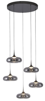 Moderne 5-flammige Pendelleuchte mit runder schwarzer Deckenplatte und fünf rauchgrauen Glas-Schirmen, frontale Produktansicht