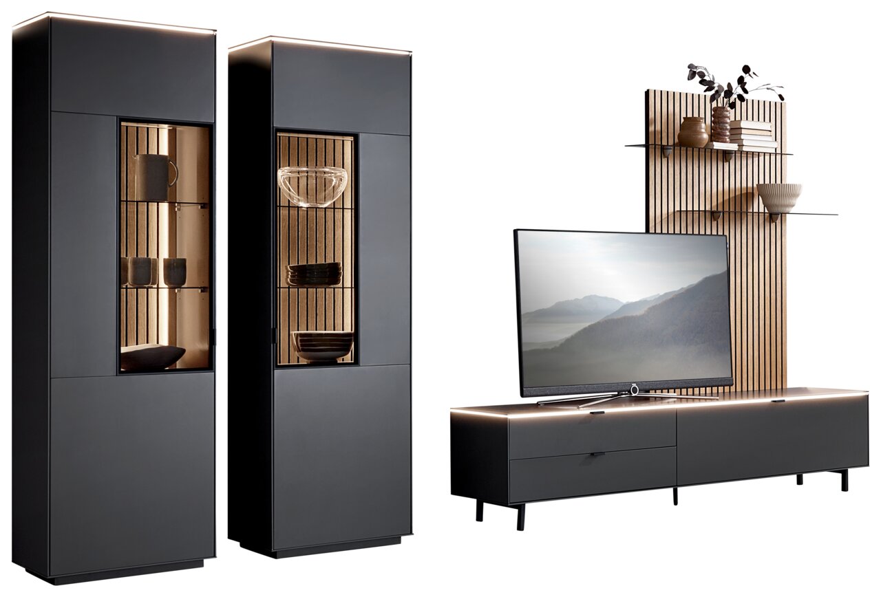 Modernes TV-Lowboard RIANI von Dieter Knoll in dunklem Design mit Holzrückwand und dekorativen Regalen, seitliche Perspektive