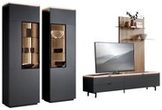Modernes TV-Lowboard RIANI von Dieter Knoll in dunklem Design mit Holzrückwand und dekorativen Regalen, seitliche Perspektive