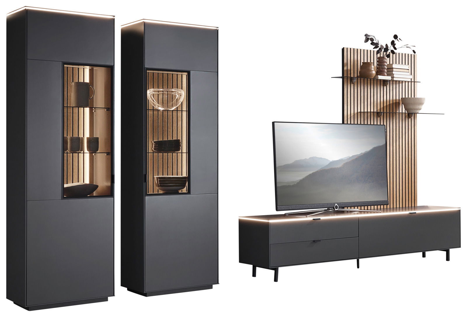 Modernes TV-Lowboard RIANI von Dieter Knoll in dunklem Design mit Holzrückwand und dekorativen Regalen, seitliche Perspektive