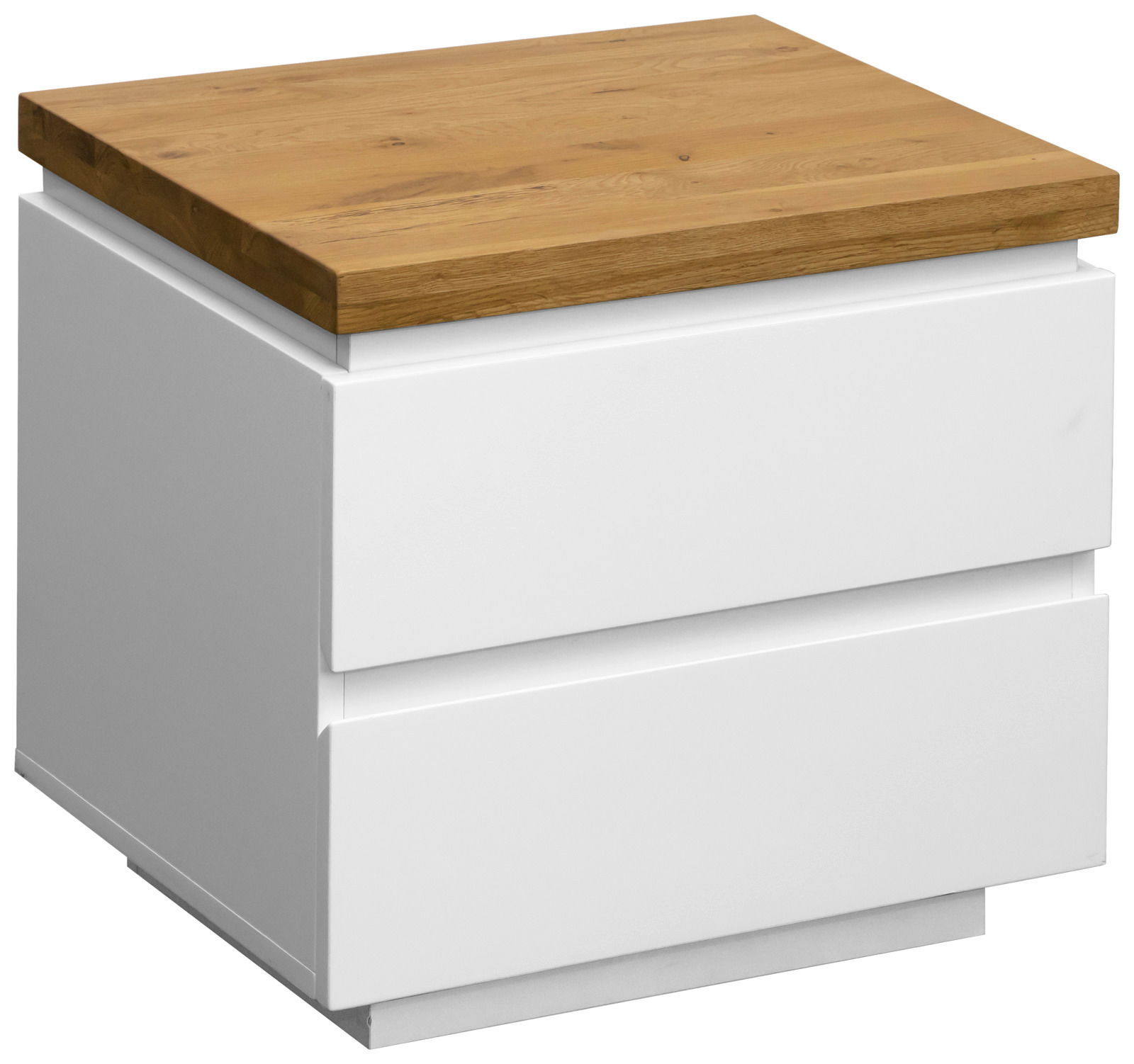 Novel Nachtkommode DALTON Moderne Nachtkommode mit weißem Korpus und Holzoberfläche, perspektivisch von vorne links fotografiert.