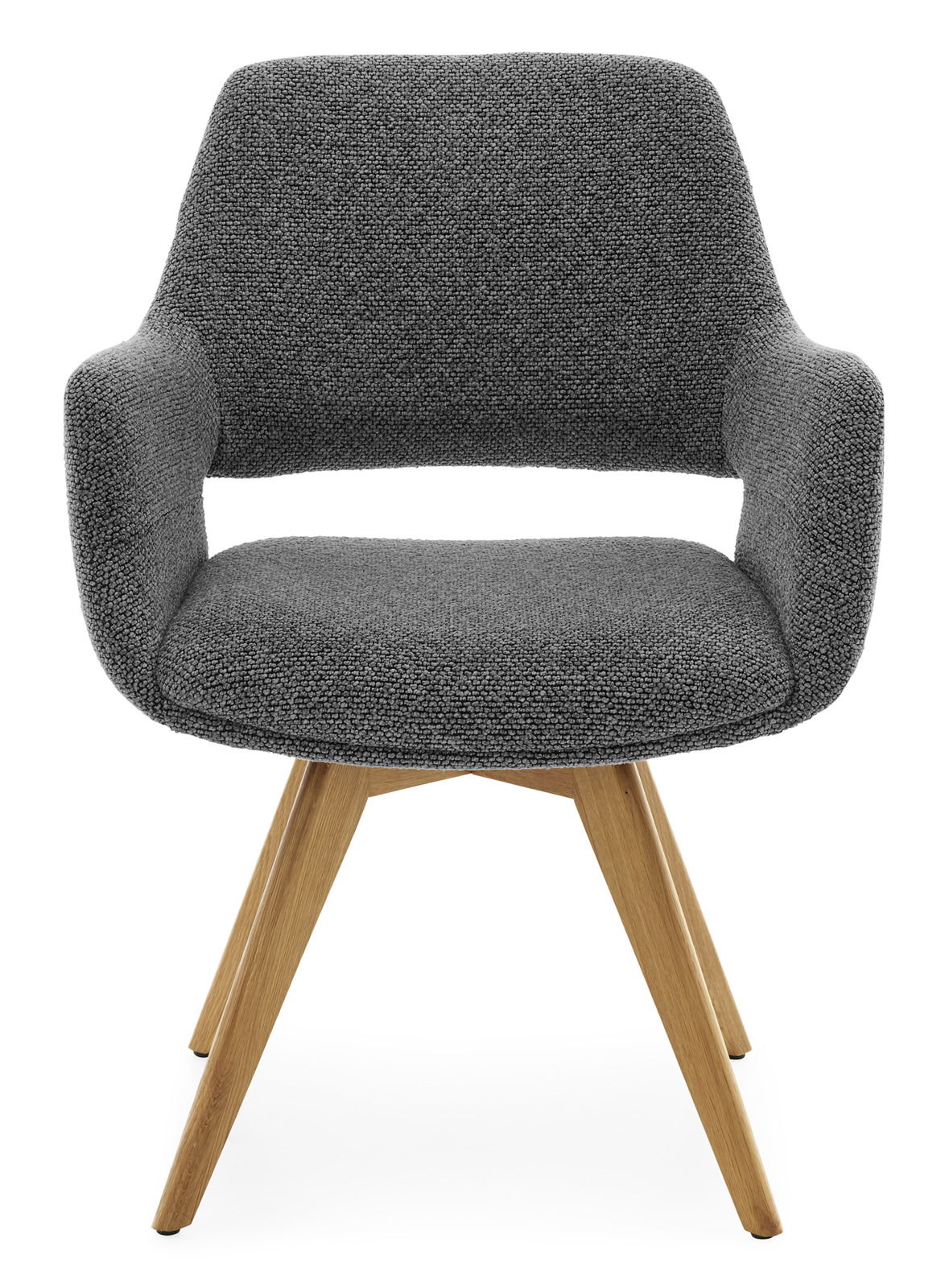 Grauer Armlehnstuhl mit Holzbeinen, Frontalansicht