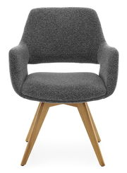 Grauer Armlehnstuhl mit Holzbeinen, Frontalansicht