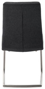 Rückansicht eines Freischwinger-Stuhls mit dunkelgrauem Stoffbezug und Metallgestell.