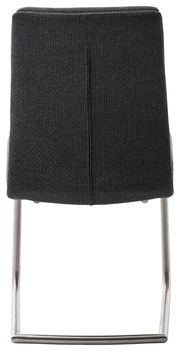 Rückansicht eines Freischwinger-Stuhls mit dunkelgrauem Stoffbezug und Metallgestell.