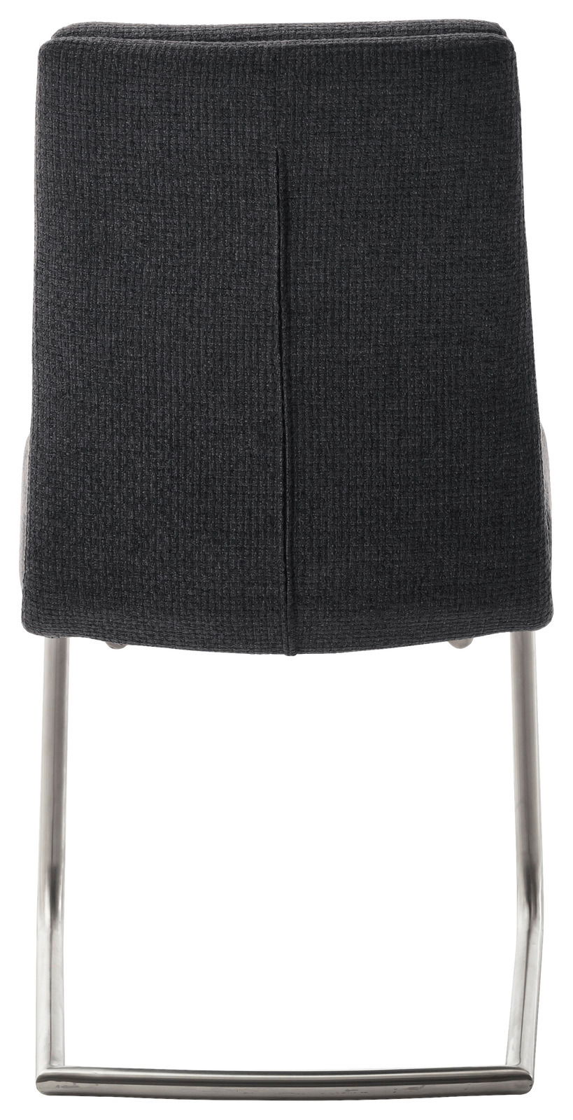 Rückansicht eines Freischwinger-Stuhls mit dunkelgrauem Stoffbezug und Metallgestell.