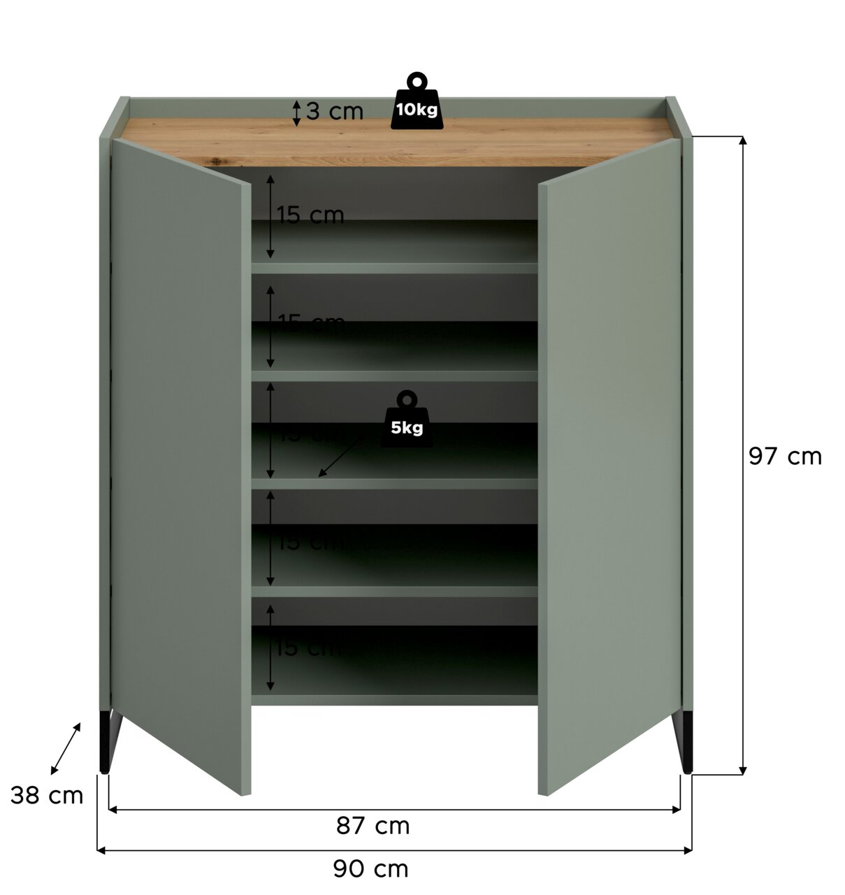Offener grüner Schuhschrank mit Holz-Optik-Oberplatte und mehreren Einlegeböden, Maße ca. 90 x 38 x 97 cm, Frontansicht leicht von oben mit geöffneten Türen und eingezeichneten Fachhöhen sowie Belastbarkeit.