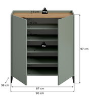 Offener grüner Schuhschrank mit Holz-Optik-Oberplatte und mehreren Einlegeböden, Maße ca. 90 x 38 x 97 cm, Frontansicht leicht von oben mit geöffneten Türen und eingezeichneten Fachhöhen sowie Belastbarkeit.