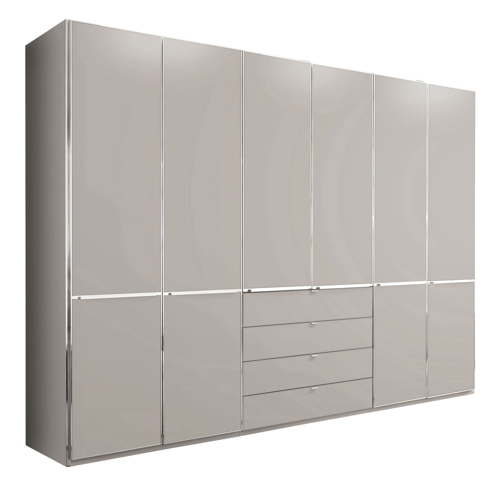 Moderner Funktionsschrank mit mehreren Türen und Schubladen, frontal betrachtet.