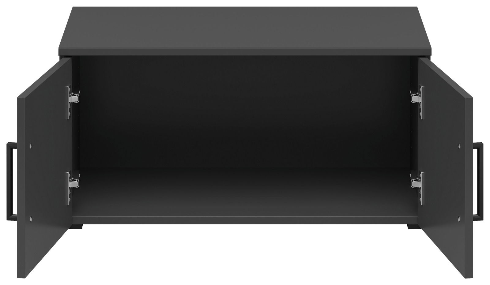 Schwarzer Aufsatzschrank mit offenen Türen, Frontalansicht