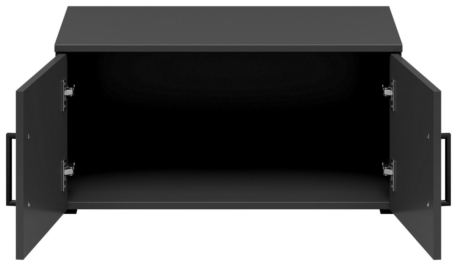 Schwarzer Aufsatzschrank mit offenen Türen, Frontalansicht