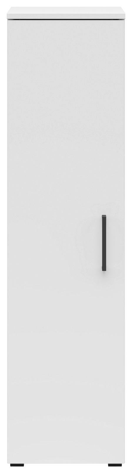 Frontalansicht eines weißen Mehrzweckschranks mit schwarzem Griff.