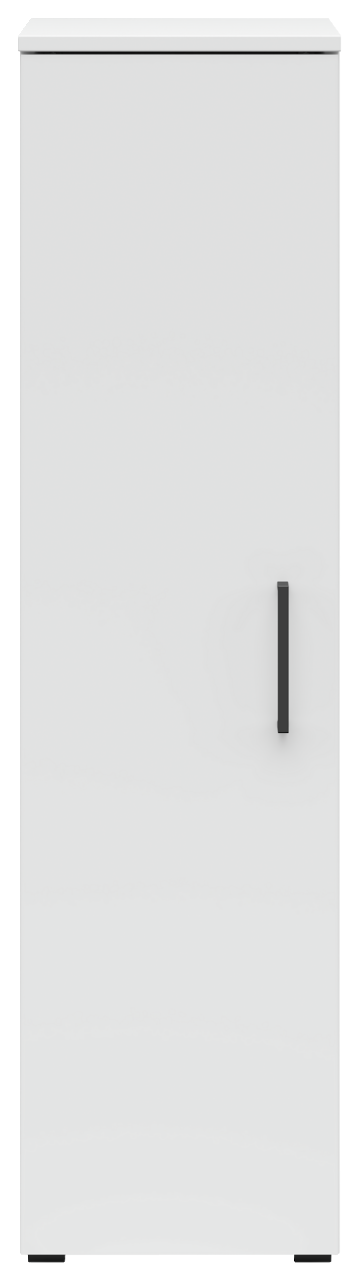 Frontalansicht eines weißen Mehrzweckschranks mit schwarzem Griff.