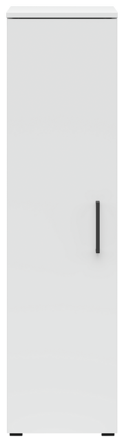 Frontalansicht eines weißen Mehrzweckschranks mit schwarzem Griff.