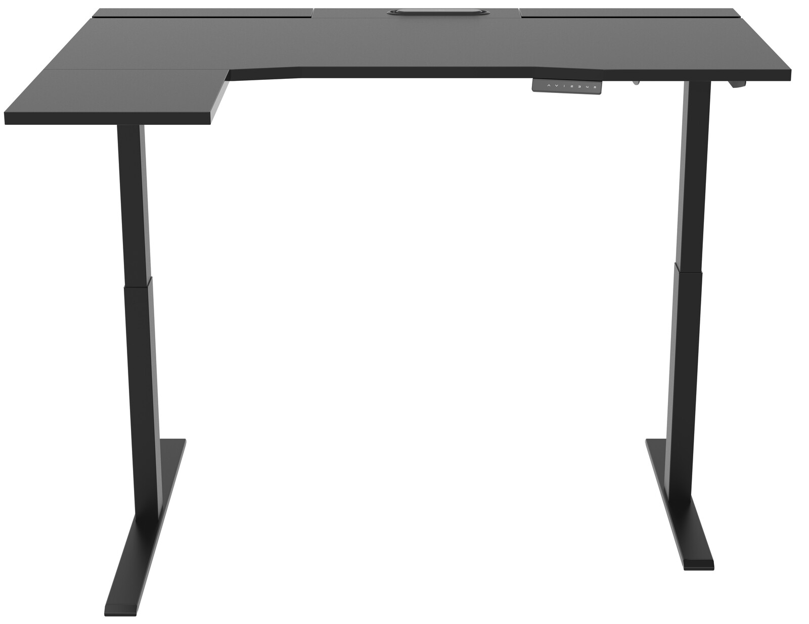 Moderner schwarzer E-Schreibtisch mit L-Form, höhenverstellbar, Vorderansicht