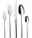 WMF Besteckset 60-tlg BOSTON Set aus poliertem Edelstahlbesteck bestehend aus Gabel, Messer, Esslöffel, Dessertgabel und Teelöffel, frontal abgebildet.