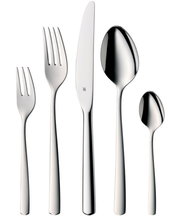 Set aus poliertem Edelstahlbesteck bestehend aus Gabel, Messer, Esslöffel, Dessertgabel und Teelöffel, frontal abgebildet.