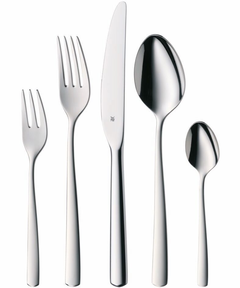 Set aus poliertem Edelstahlbesteck bestehend aus Gabel, Messer, Esslöffel, Dessertgabel und Teelöffel, frontal abgebildet.