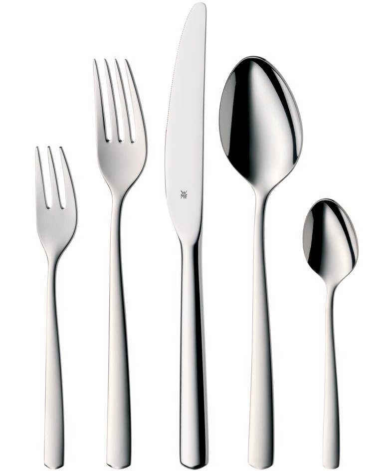 Set aus poliertem Edelstahlbesteck bestehend aus Gabel, Messer, Esslöffel, Dessertgabel und Teelöffel, frontal abgebildet.