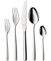 Set aus poliertem Edelstahlbesteck bestehend aus Gabel, Messer, Esslöffel, Dessertgabel und Teelöffel, frontal abgebildet.
