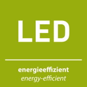 Grünes LED-Energieeffizienz-Label mit weißer Aufschrift „LED“ sowie „energieeffizient/energy-efficient“, frontale Ansicht.
