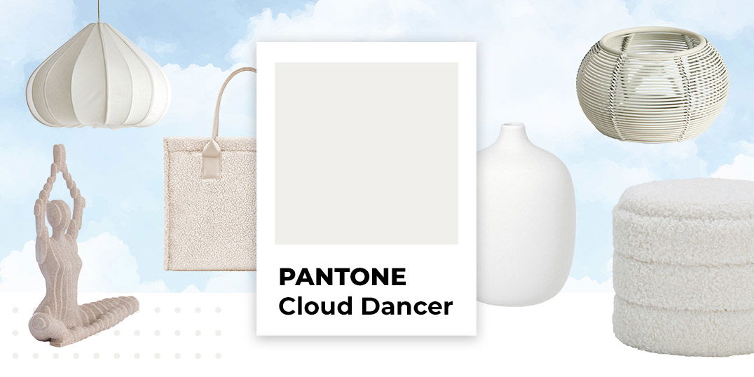 Wohn-Moodboard in Beige und Off-White, Pantone Cloud Dancer, moderne Deko und Möbel