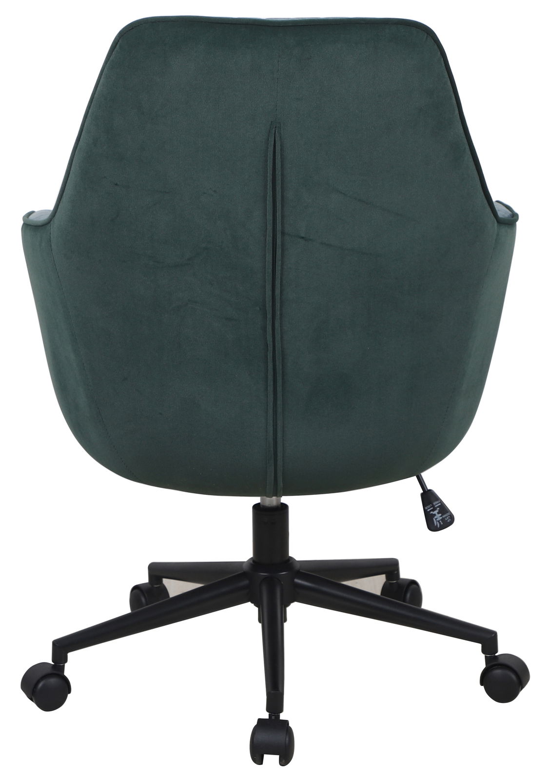 Rückansicht eines grünen Drehstuhls mit schwarzem Fußgestell und Rollen.