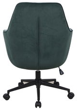 Rückansicht eines grünen Drehstuhls mit schwarzem Fußgestell und Rollen.