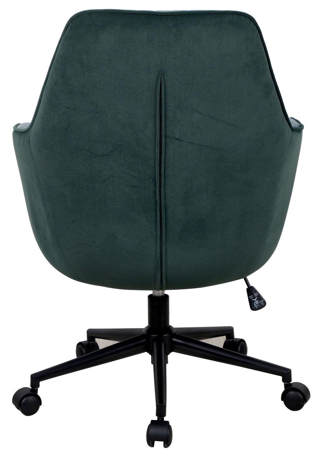 Rückansicht eines grünen Drehstuhls mit schwarzem Fußgestell und Rollen.