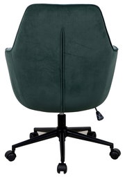 Rückansicht eines grünen Drehstuhls mit schwarzem Fußgestell und Rollen.