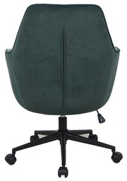 Rückansicht eines grünen Drehstuhls mit schwarzem Fußgestell und Rollen.