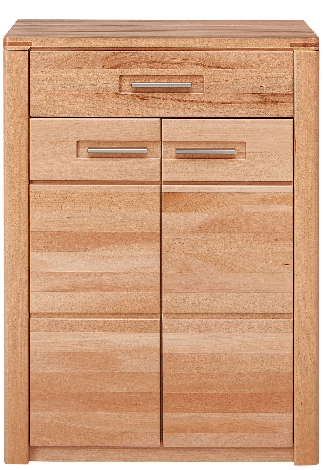 Schuhschrank aus hellem Holz mit mehreren Schubladen und Türen, Frontalansicht