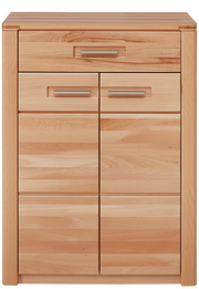 Schuhschrank aus hellem Holz mit mehreren Schubladen und Türen, Frontalansicht