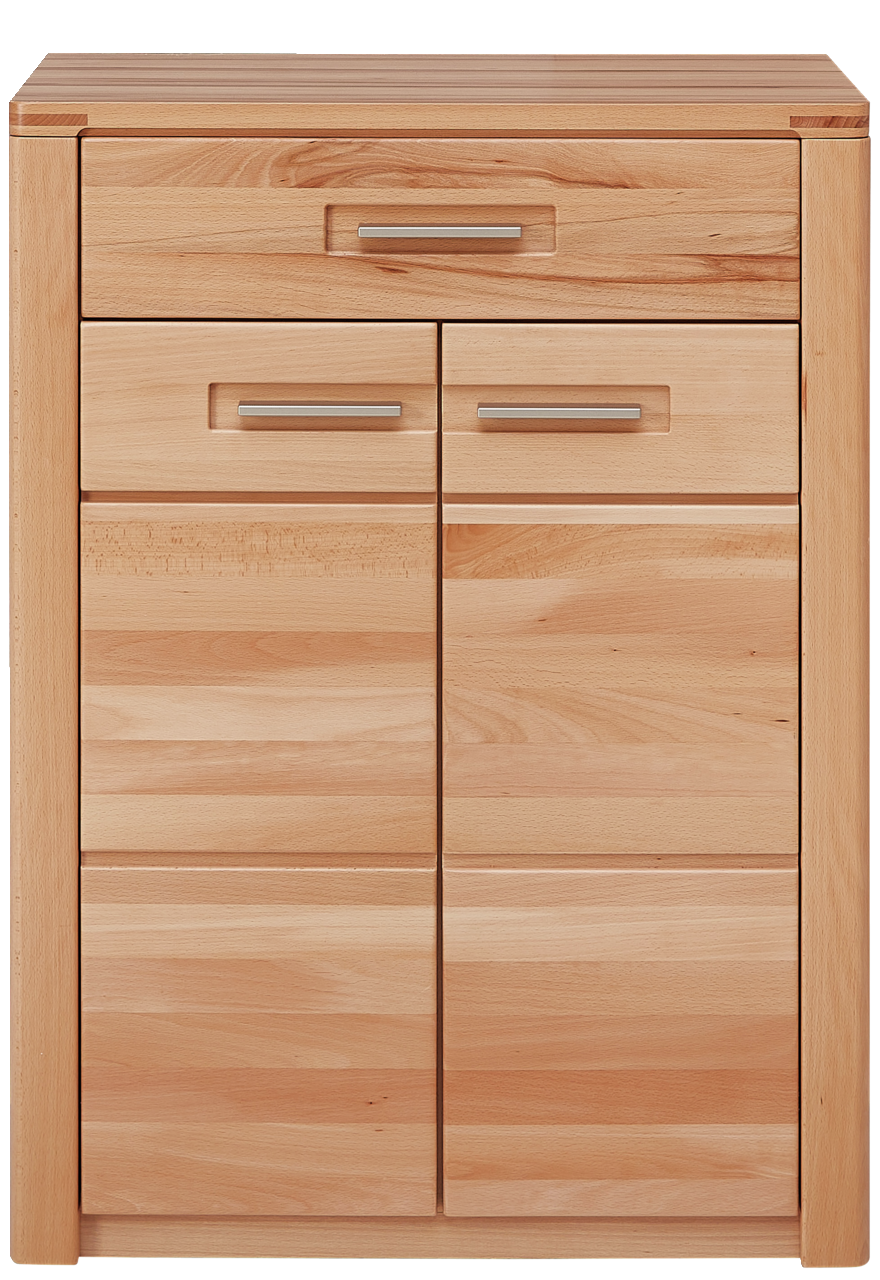 Schuhschrank aus hellem Holz mit mehreren Schubladen und Türen, Frontalansicht