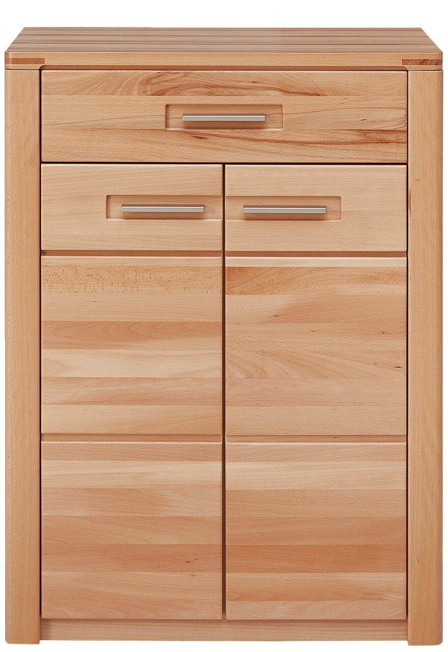 Schuhschrank aus hellem Holz mit mehreren Schubladen und Türen, Frontalansicht