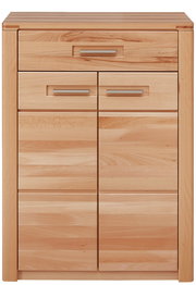 Schuhschrank aus hellem Holz mit mehreren Schubladen und Türen, Frontalansicht